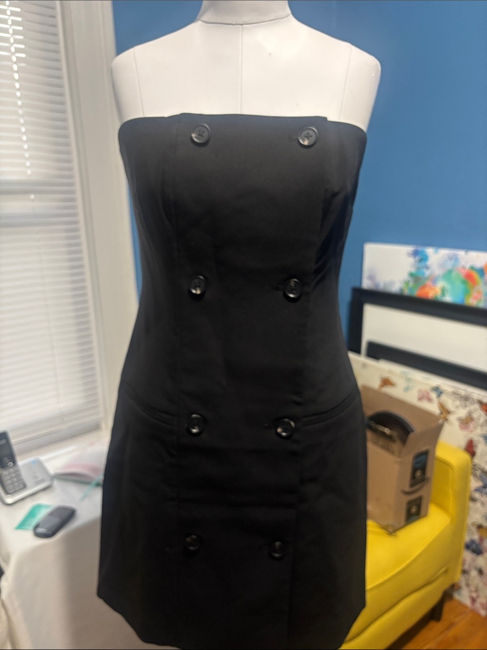 French Connection Black Strapless Double-Breasted Sheath Dress